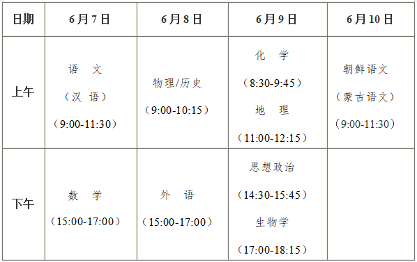 2024年黑龙江高考时间及各科目具体时间安排表